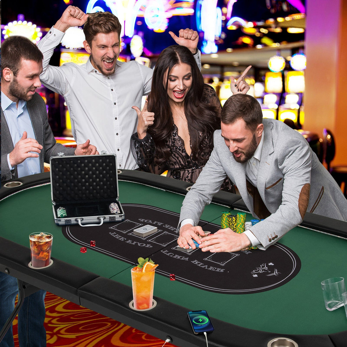 75-Inch Folding Poker Table with Cup Holders, Lights & USB Ports