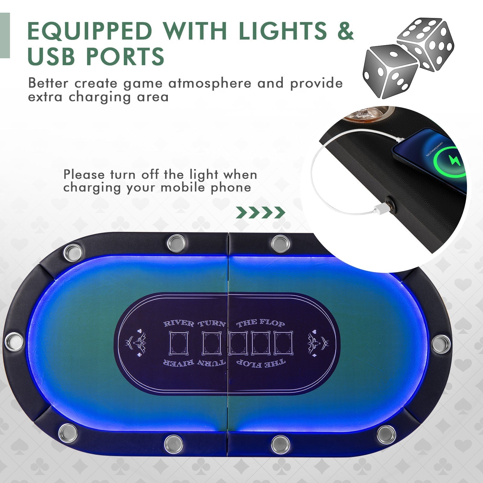 75-Inch Folding Poker Table with Cup Holders, Lights & USB Ports