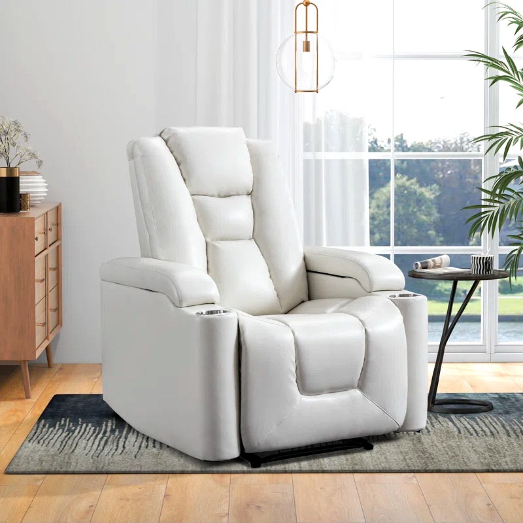 Power Reclining Home Theater Chair with USB Charging, Dual Cup Holders & Arm Storage – Red Faux Leather