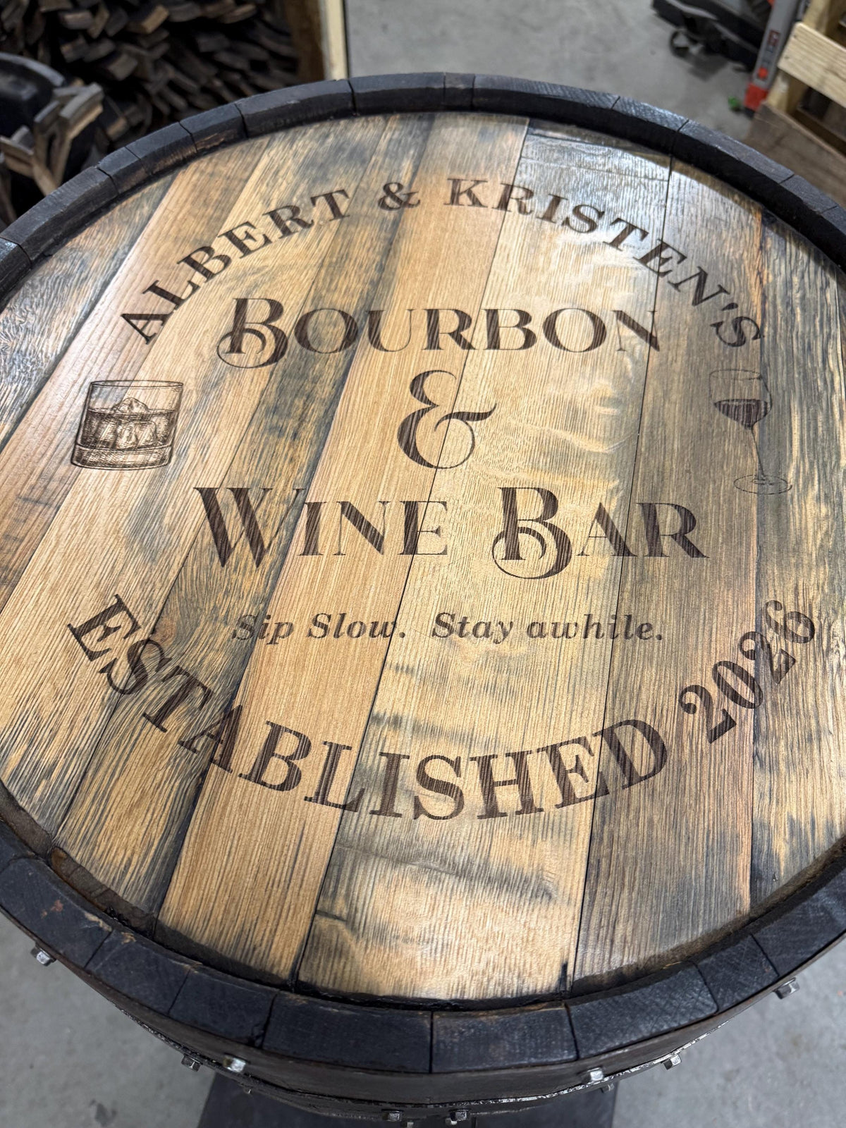 Custom Bourbon Whiskey Barrel Bar Table with Storage