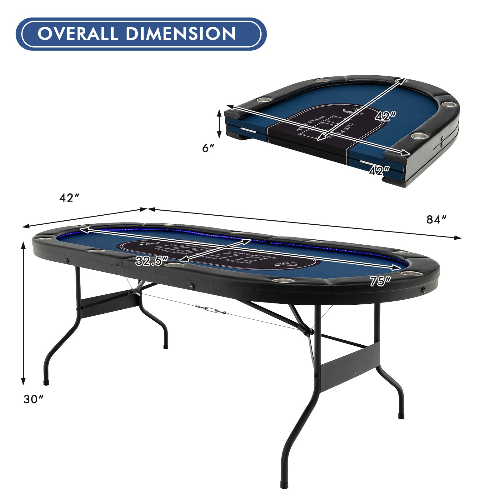 75-Inch Folding Poker Table with Cup Holders, Lights & USB Ports