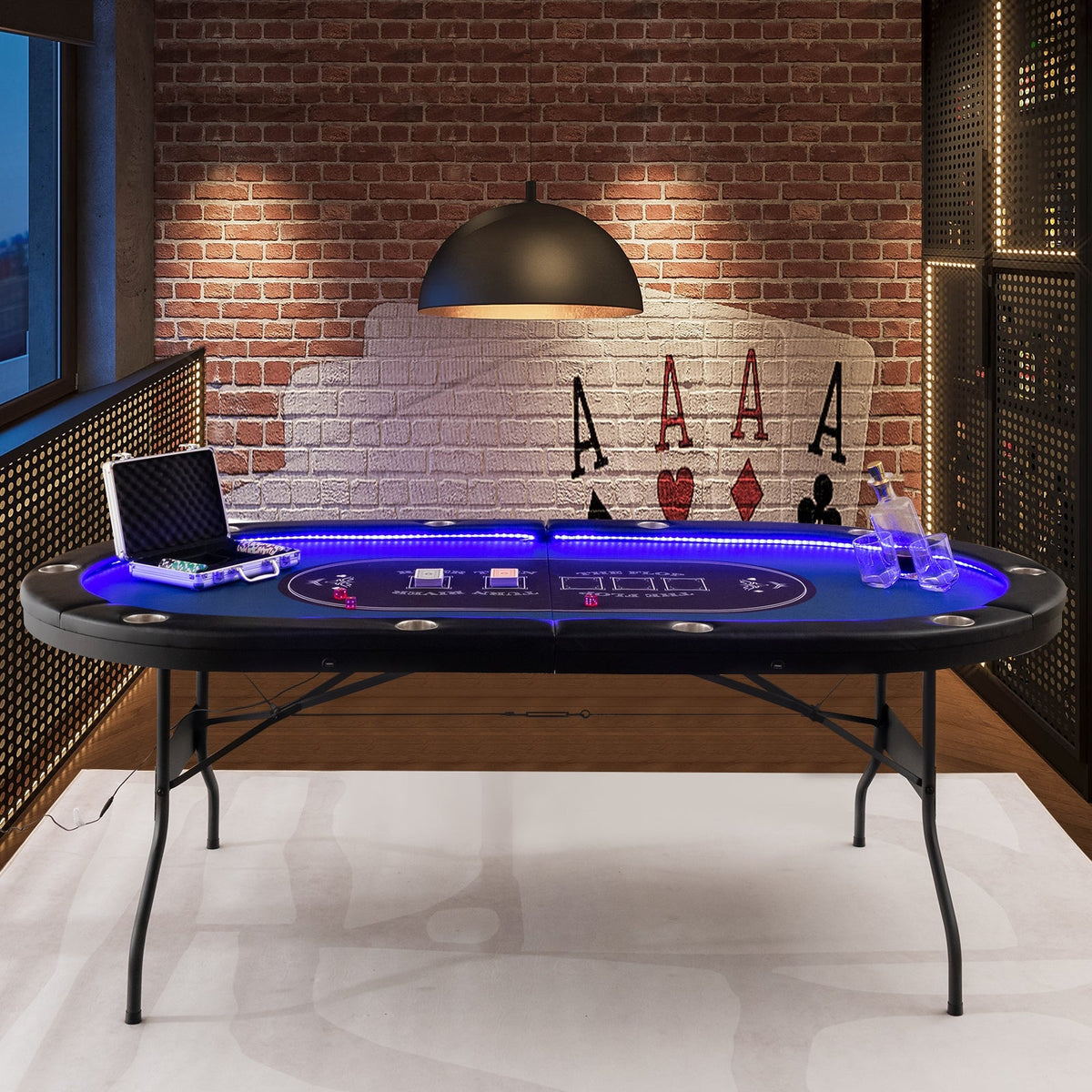 75-Inch Folding Poker Table with Cup Holders, Lights & USB Ports