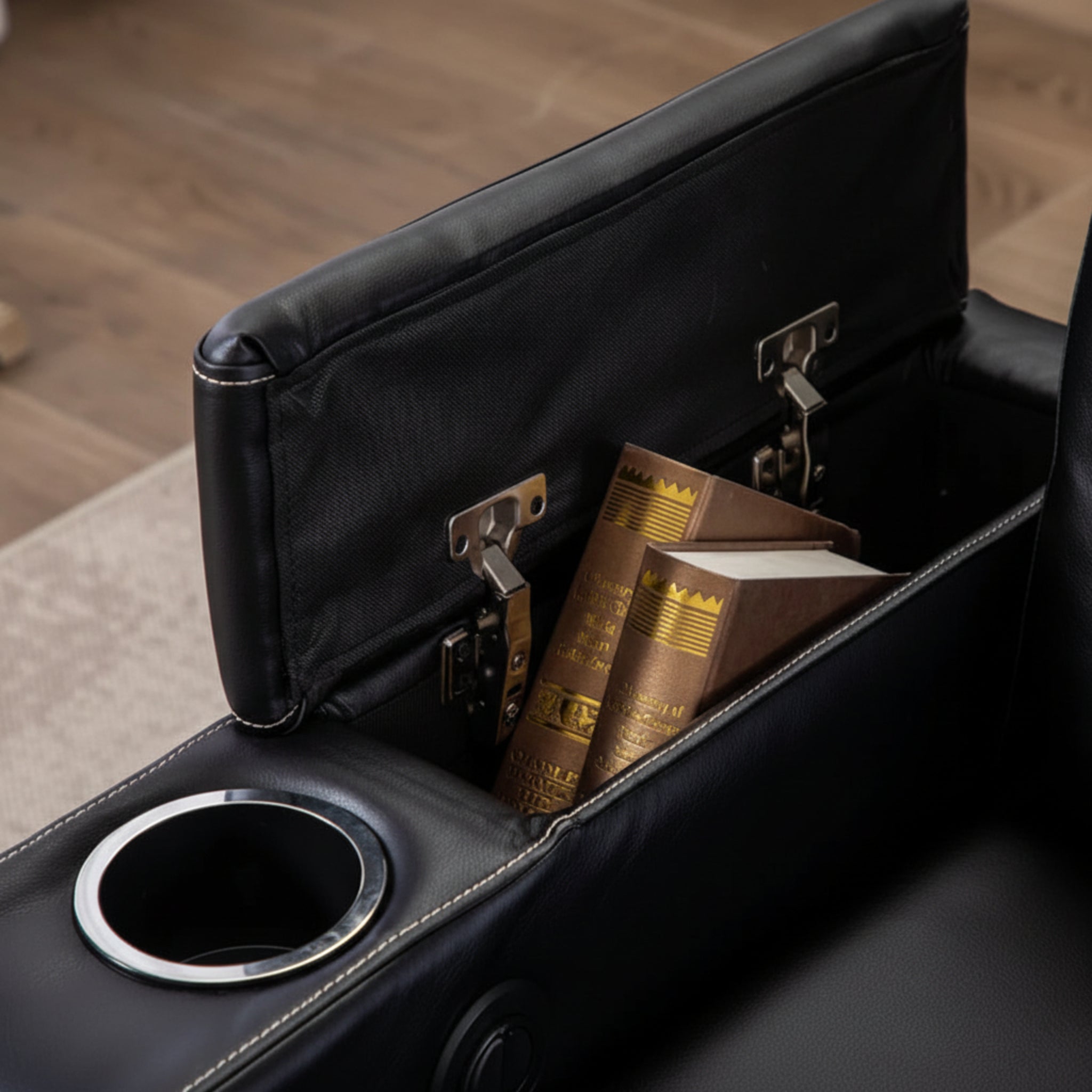 4-Seat Power Reclining Home Theater Seating with USB Charging, Cup Holders & Storage – Brown Faux Leather