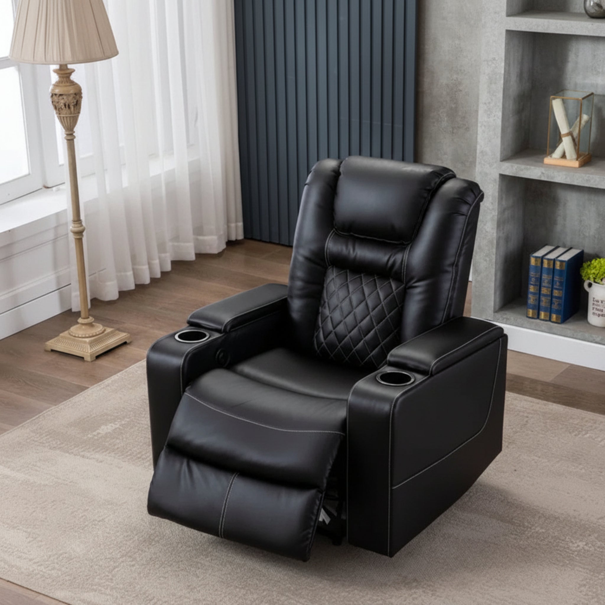 4-Seat Power Reclining Home Theater Seating with USB Charging, Cup Holders & Storage – Brown Faux Leather