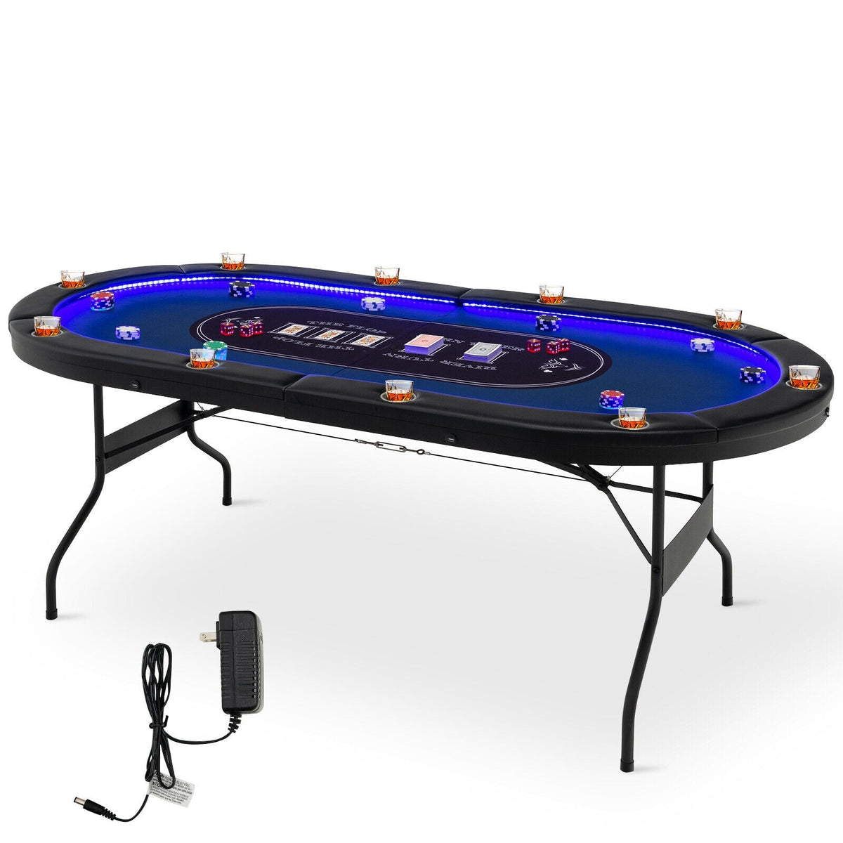 75-Inch Folding Poker Table with Cup Holders, Lights & USB Ports