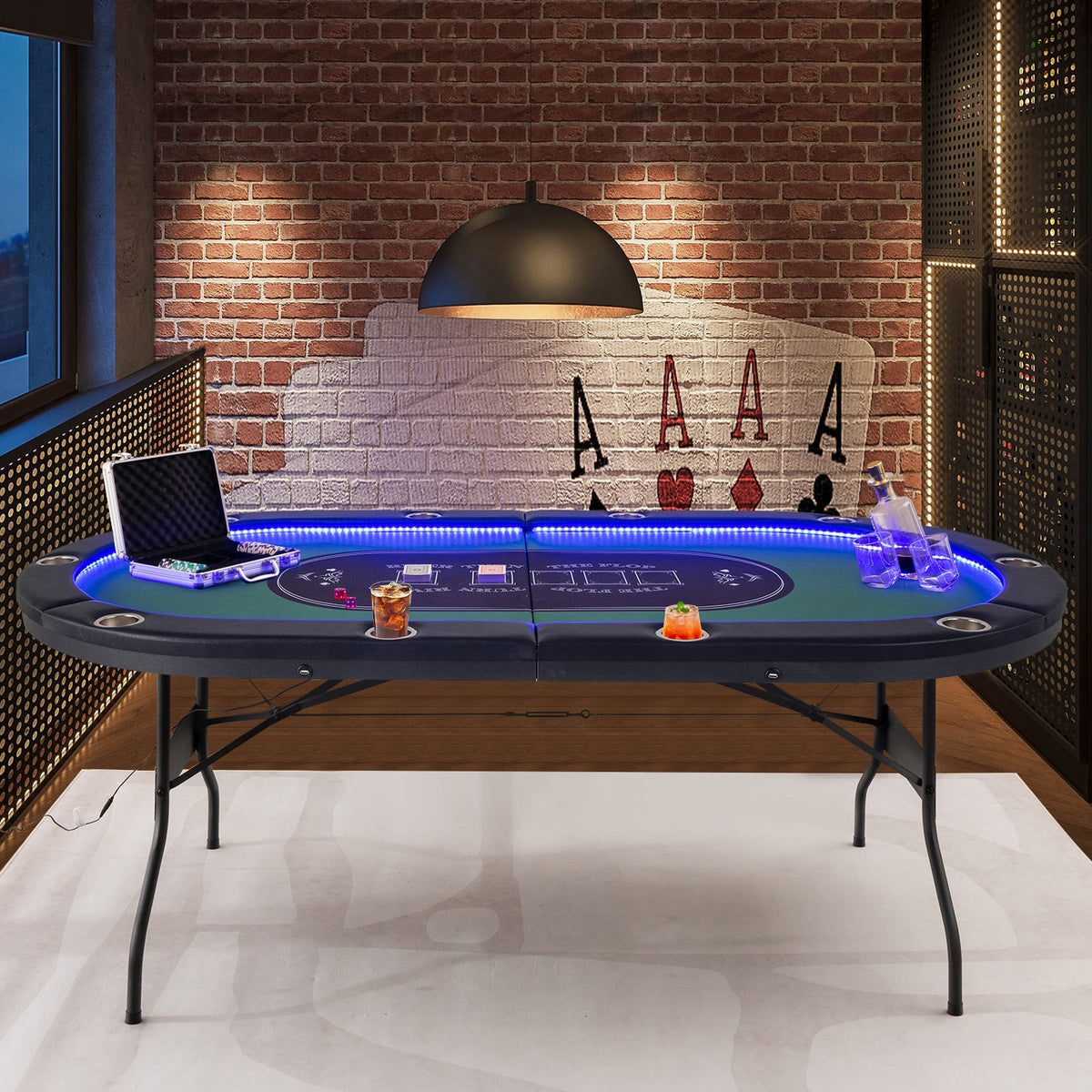 75-Inch Folding Poker Table with Cup Holders, Lights & USB Ports