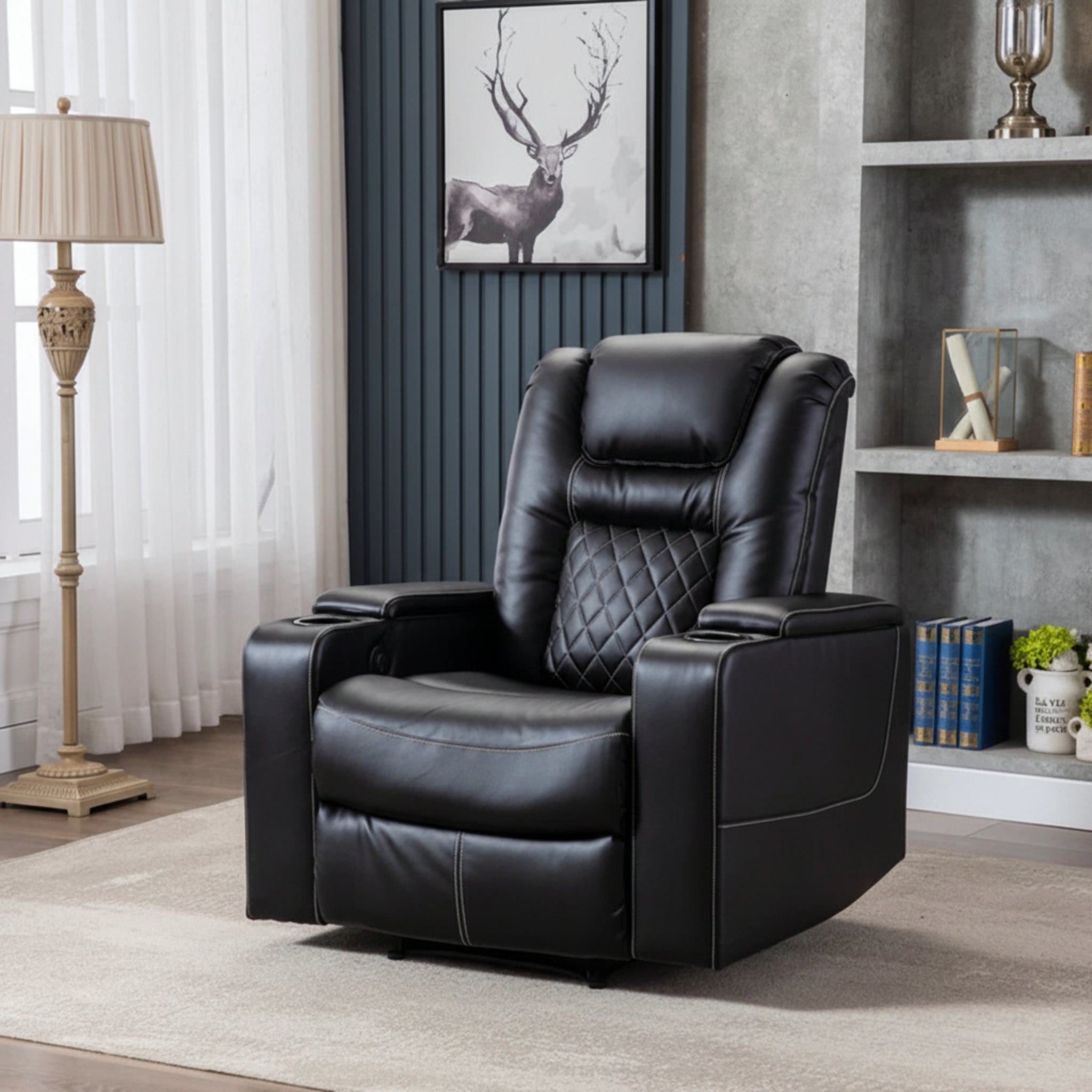 4-Seat Power Reclining Home Theater Seating with USB Charging, Cup Holders & Storage – Brown Faux Leather