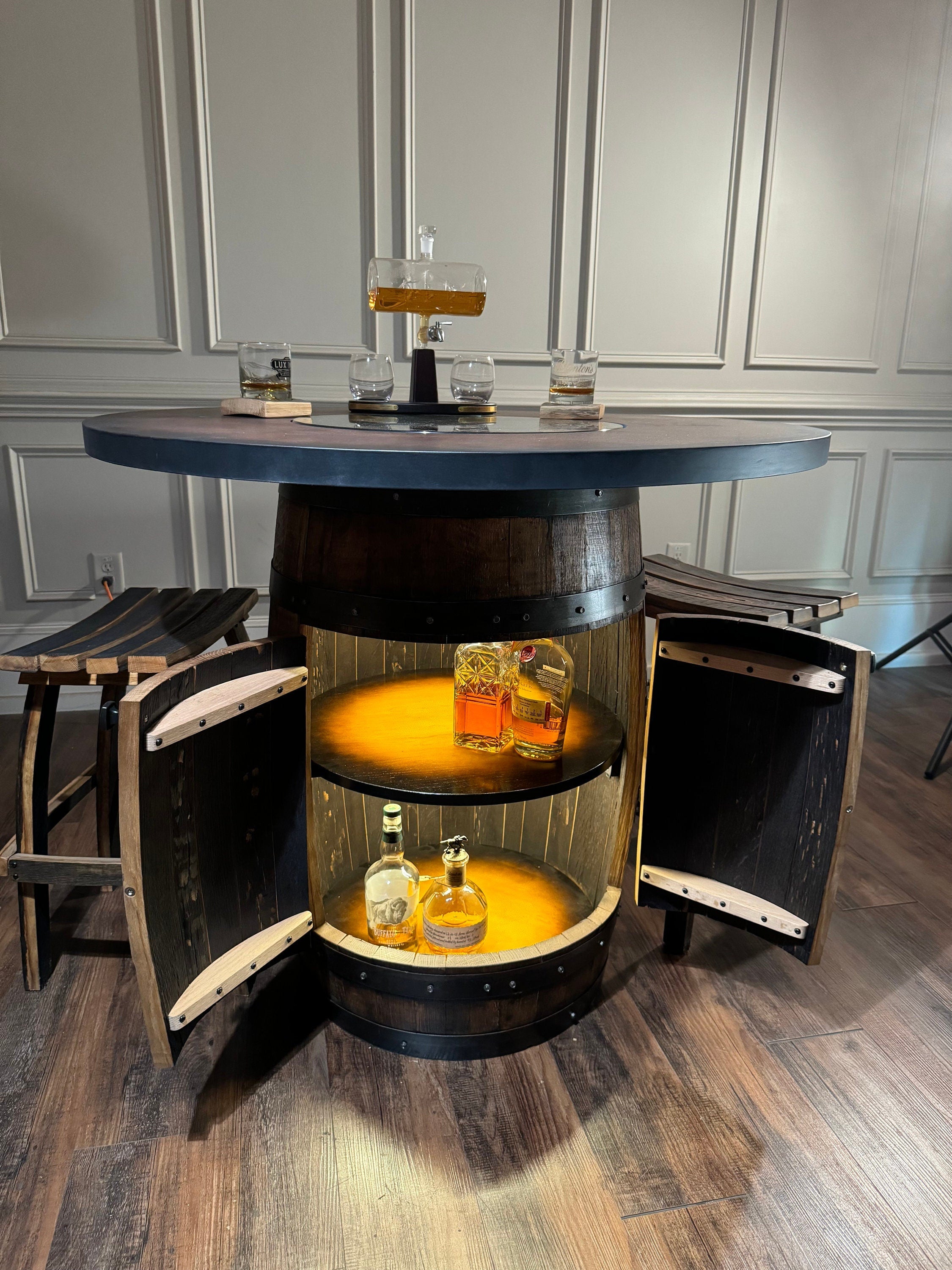 Custom Bourbon Whiskey Barrel Bar Table with Storage