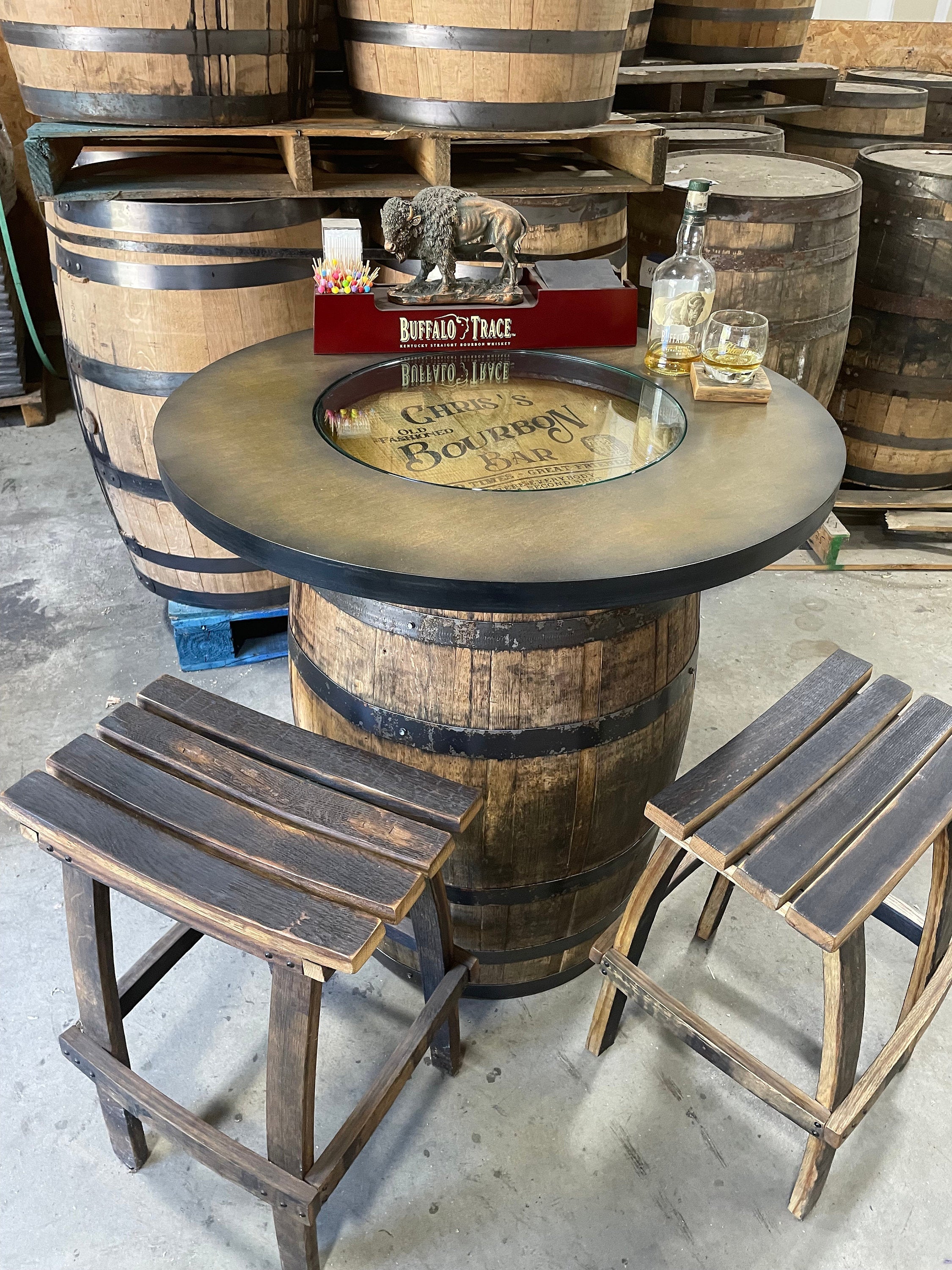 Custom Bourbon Whiskey Barrel Bar Table with Storage
