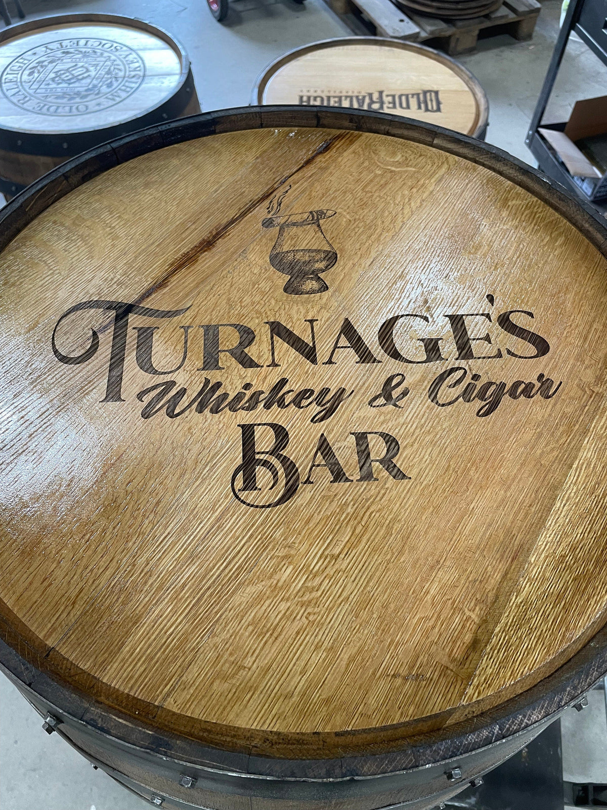 Custom Bourbon Whiskey Barrel Bar Table with Storage