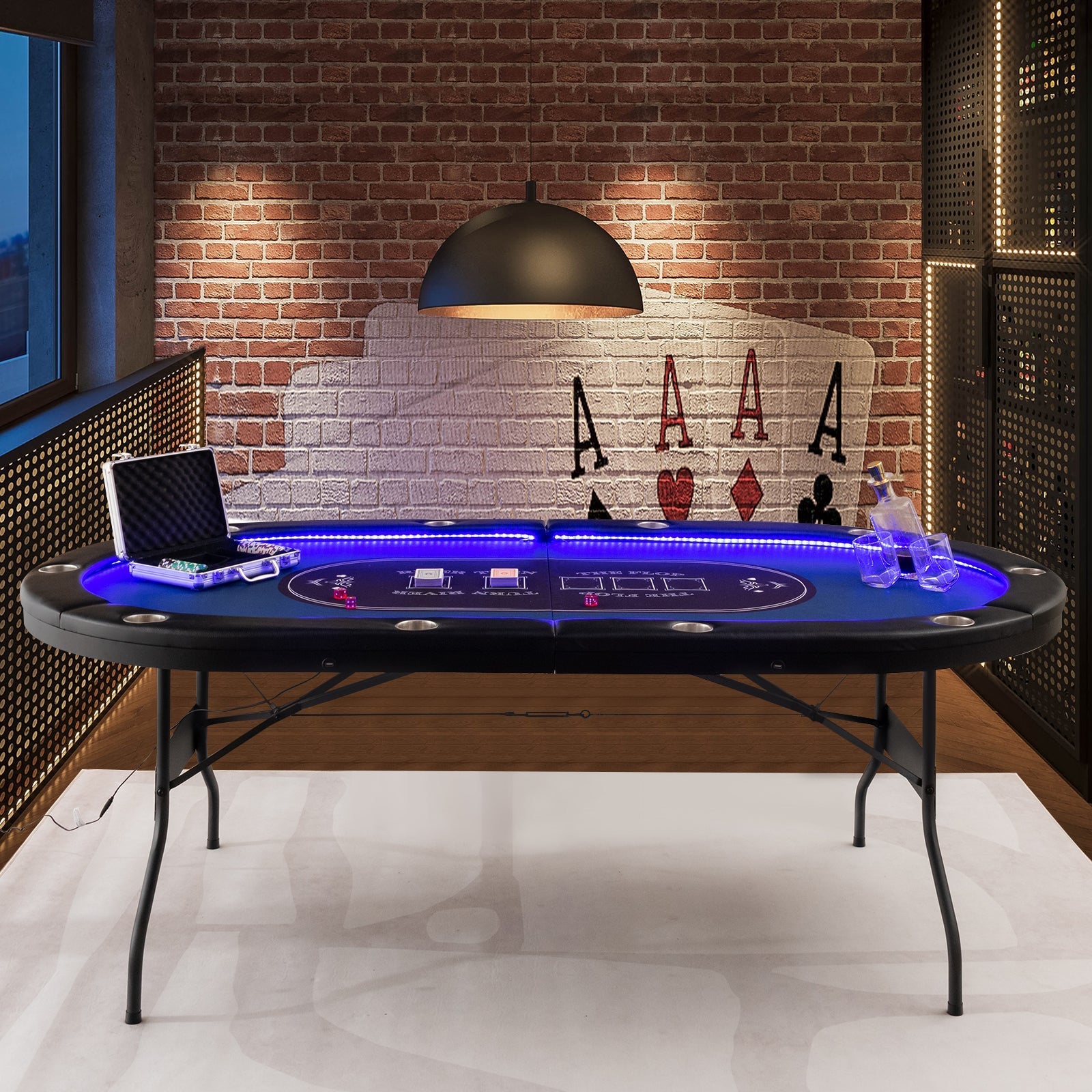 75-Inch Folding Poker Table with Cup Holders, Lights & USB Ports