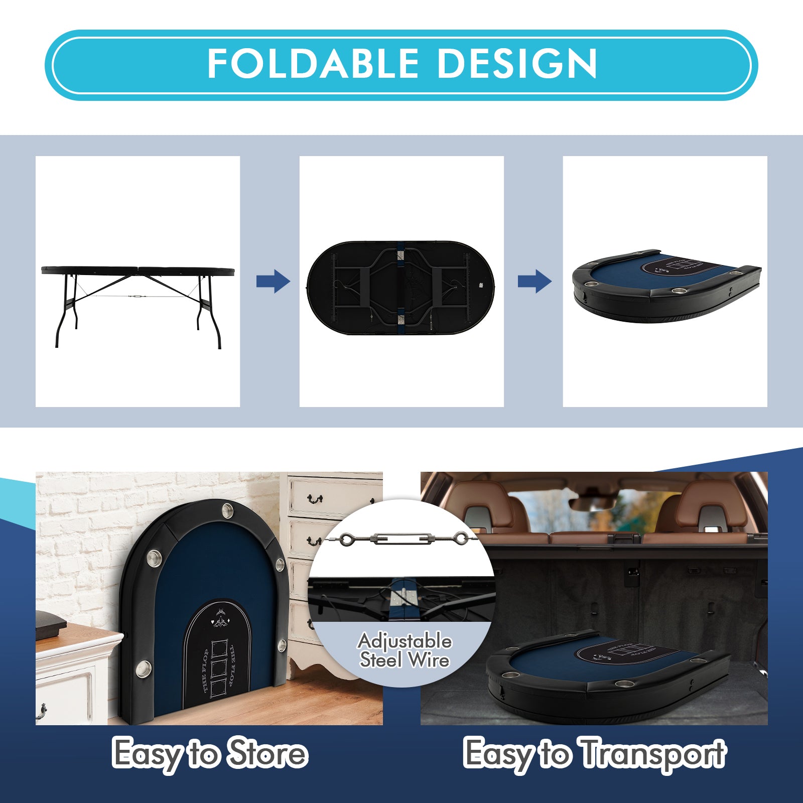 75-Inch Folding Poker Table with Cup Holders, Lights & USB Ports