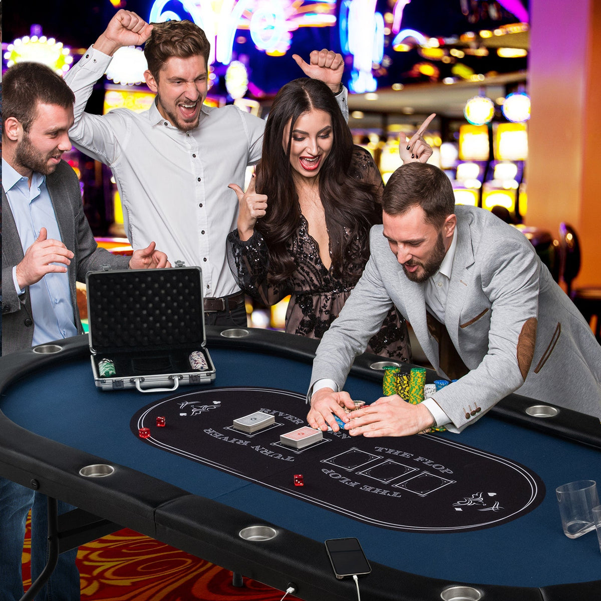 75-Inch Folding Poker Table with Cup Holders, Lights & USB Ports